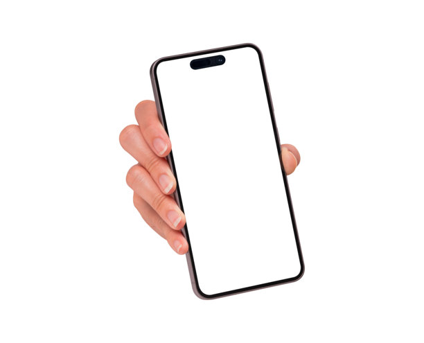 特写一只手，展示带有空白屏幕的智能手机，白色背景隔离。高质量工作室拍摄。可用于科技、商业、金融、广告、公关和生活方式主题。图片下载