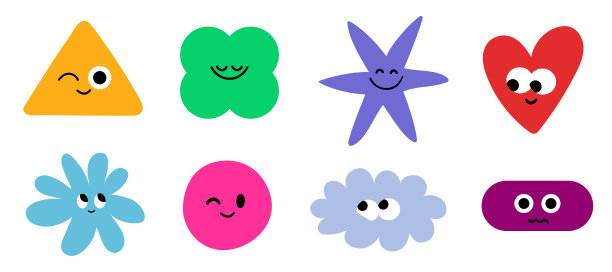可爱的几何图形，带有俏皮的表情。包含正方形、圆形、三角形、星形、菱形、矩形、椭圆形和扇形等彩色图形。儿童涂鸦设计。简约矢量插画。图片下载