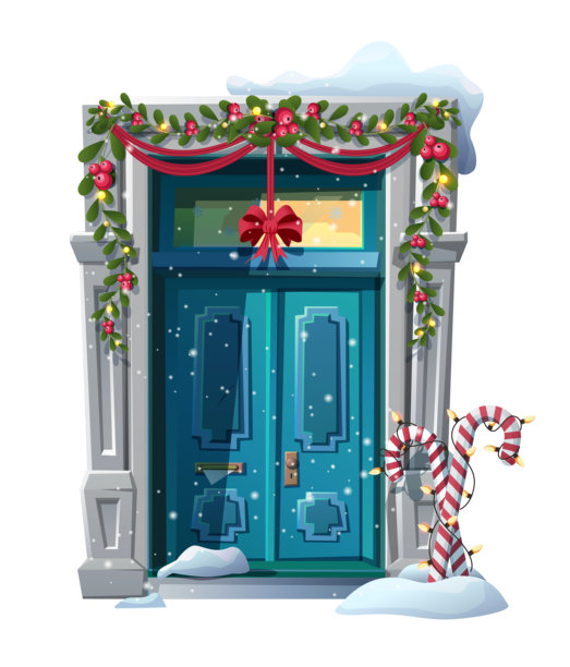 矢量卡通风格插画。圣诞装饰的入口门，带有节日花环、灯饰和拐杖糖。图片下载