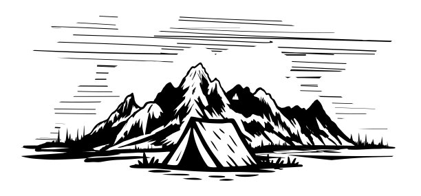 帐篷和山脉在背景上的露营地矢量手绘插画图片下载