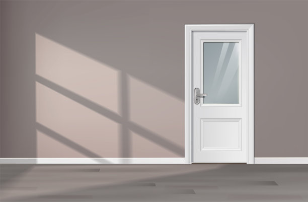3D写实矢量插画。空房间，带有白色入门门和墙上的阳光。图片下载