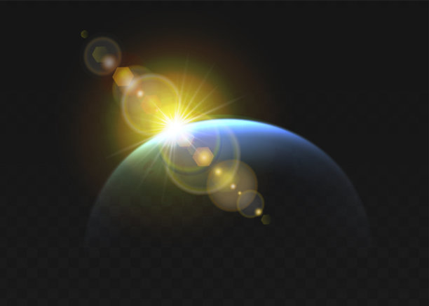 3D写实矢量插画。日食或日出。太阳耀斑元素在黑暗中从行星后发出光芒。图片下载