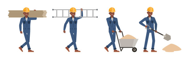 男性工人穿着蓝色连体服，矢量插画设计集。图片下载