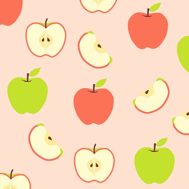 浅粉色背景上新鲜苹果和苹果切片的无缝图案图片下载