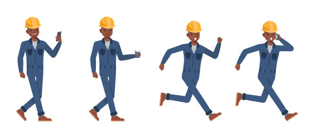 男性工人身着蓝色连体服角色矢量插画设计集。男人边走边跑边打电话。图片下载