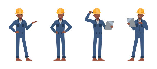 穿着蓝色工装的男性工人，矢量插画设计集。男人手持文件板思考并做演示。图片下载
