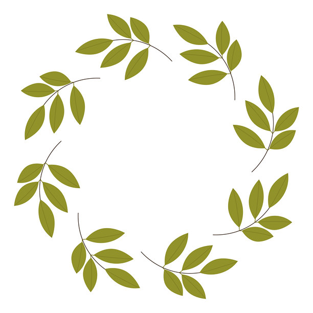 扁平风格矢量插画，描绘了一个由绿色叶枝构成的圆形边框，非常适合用于自然主题设计、邀请函和植物装饰，背景为白色。图片下载