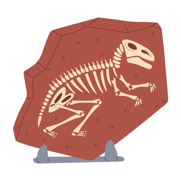 展架上的霸王龙骨骼化石，作为博物馆展品。恐龙的石头剪影。扁平彩色插画。适用于科学项目、百科全书、博物馆展览、恐龙相关材料。图片下载