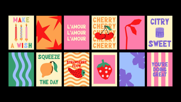 时尚的极简主义墙贴，饰以趣味十足的马蒂斯风格插画，包含花卉、水果、鸡尾酒及文化图案。图片下载