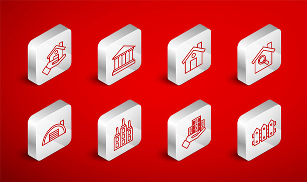 花园栅栏木质，博物馆建筑，房屋，搜索房屋，摩天大楼，房地产经纪人，仓库图标。矢量图图片下载