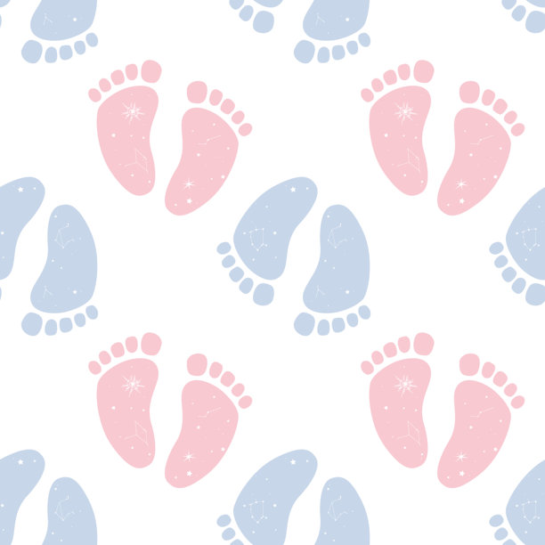 无缝性别揭示图案，包含波西米亚风格的婴儿脚印和太空符号。印有星系星星的婴儿脚印。矢量插画背景图片下载