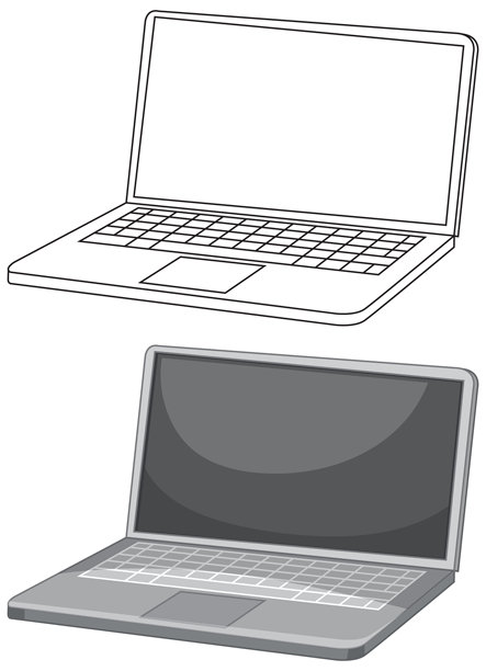 线条艺术和灰度风格的打开笔记本电脑矢量插画图片下载