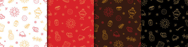 一套无缝的马斯列尼察图案，这是标志着冬天结束的传统节日。背景是谢夫提德。矢量涂鸦插画壁纸。图片下载