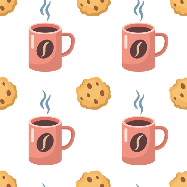 粉色马克杯、巧克力曲奇无缝花纹。卡通矢量插画。图片下载