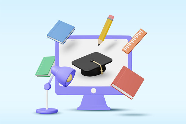 电脑3D矢量插画，带有毕业帽、书籍和铅笔。在线教育和电子学习学校的概念。学生学习背景模板。图片下载