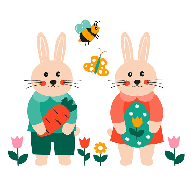 可爱的复活节兔子情侣，手持胡萝卜和彩蛋。包含春天的花朵、蜜蜂和蝴蝶元素。儿童风格的扁平化矢量插画。非常适合儿童设计、贺卡、婴儿房艺术品和印刷品。图片下载