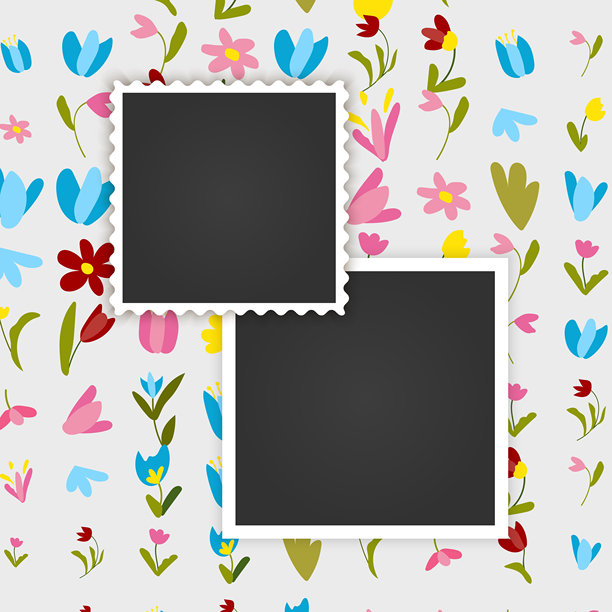 装饰性花卉背景上的相框样机，带有两个空白照片占位符。非常适合剪贴簿、纪念册、社交媒体故事和季节性贺卡模板。图片下载
