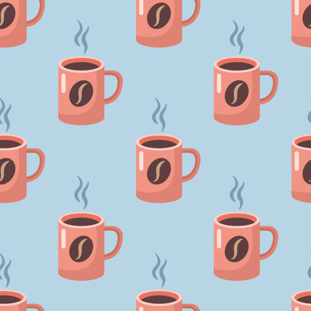 粉红色的马克杯，装有咖啡、茶、热巧克力或可可。卡通矢量插画。手绘杯子，带有蒸汽和咖啡豆。图片下载