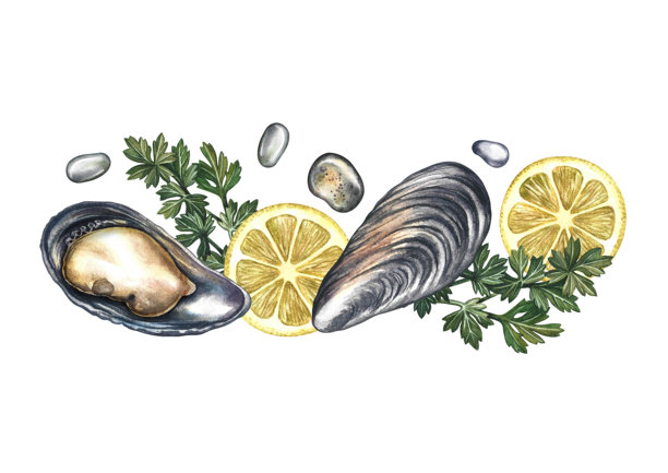 贻贝配柠檬和香草。手绘水彩插画。美食海鲜菜肴的彩色图像，横向构图。适用于菜单、食谱书、包装、标签、横幅和传单。图片下载