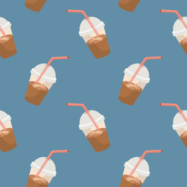 咖啡加冰块带吸管的无缝图案。卡通插画。冰茶。外卖。矢量图。图片下载