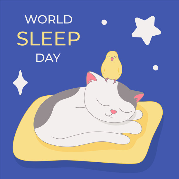世界睡眠日插画，枕头上睡着一只猫，头上还有一只鸟图片下载