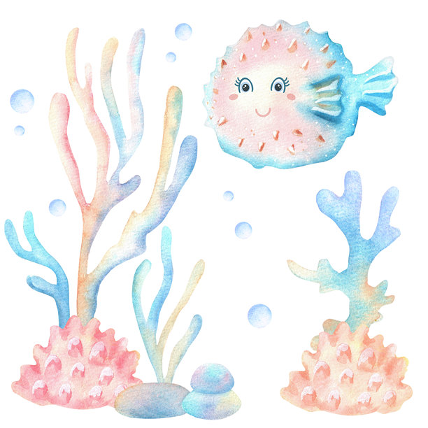 水下场景中的蓝绿色粉色河豚鱼卡通形象，周围有色彩缤纷的珊瑚、海藻和气泡。海洋王国剪贴画。手绘水彩插画，适用于海报、明信片、婴儿房设计。图片下载