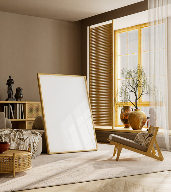 现代海报画框模型，室内配有藤制家具、雕塑和柔和的暖色调。3D插画。图片下载