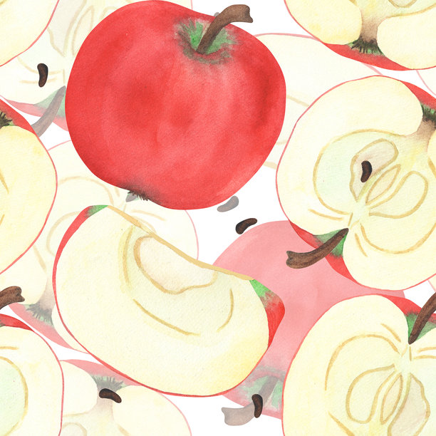 手绘水彩水果无缝图案，插画风格的苹果、苹果切片和半个苹果，写实风格的成熟时令水果。图片下载