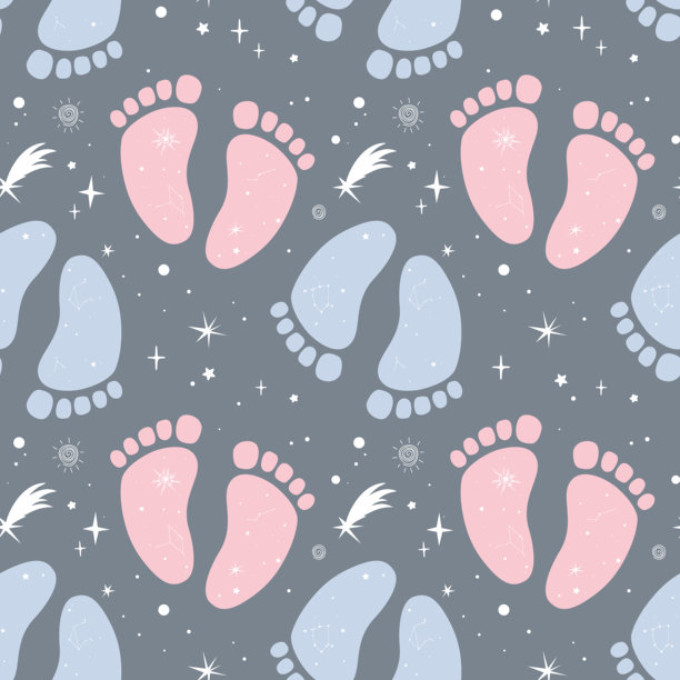无缝性别揭示图案，包含波西米亚风格的婴儿脚印和太空符号。婴儿脚印带有星系星星印记。矢量插画背景。图片下载