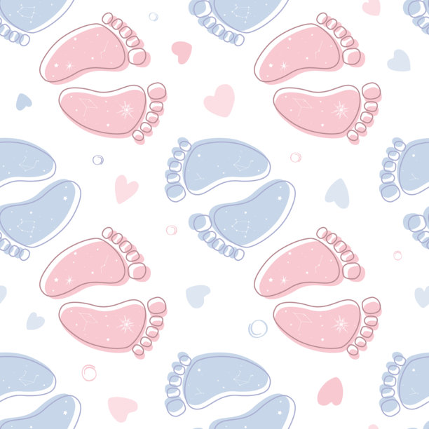 无缝性别揭示图案，包含波西米亚风格的婴儿脚印、心形和太空符号。婴儿脚印带有星系星星印记。矢量插画背景。图片下载