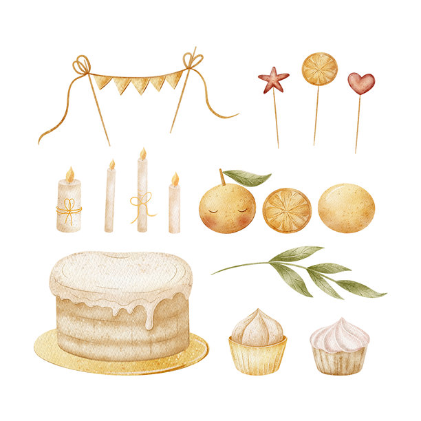 水彩蛋糕纸杯蛋糕蜡烛、花环、橘子、橙子。儿童风格的手绘插画集。元素从背景中分离，用于菜单设计、贺卡、生日、婚礼、婴儿派对。图片下载