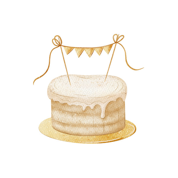 婚礼蛋糕，带装饰杆的花环。节日甜点的水彩插画，以儿童风格手绘。元素从背景中分离出来，用于设计贺卡、生日请柬、婴儿派对。图片下载