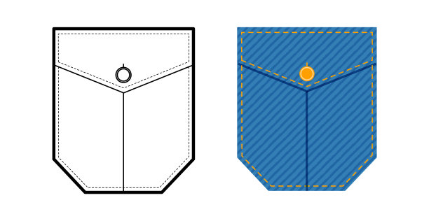 斜裁牛仔裤贴袋技术时装插画，女装服装平面模板及颜色。图片下载