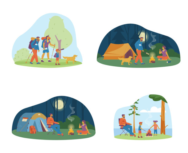 露营夏季度假横幅或场景，扁平化矢量插画，孤立。图片下载