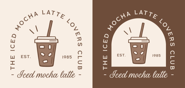 冰摩卡拿铁爱好者俱乐部徽章贴纸标签 复古怀旧摩卡奇诺咖啡插画 棕色美学女孩T恤设计 可打印插画海报印刷品图片下载