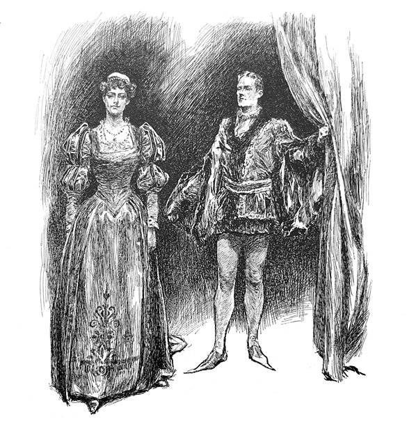 复古插画 - 一对身着中世纪服装的男女从帷幕后走出图片下载
