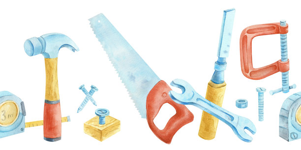 水彩风格DIY手工工具无缝边框图案。适用于研讨会、车库主题、家居装修设计、工艺项目、包装的横幅插画。图片下载
