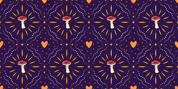 奇幻蘑菇无缝图案，营造舒适而魔法般的林地氛围。非常适合托儿所纺织品、万圣节包装和潮流森林设计。图片下载