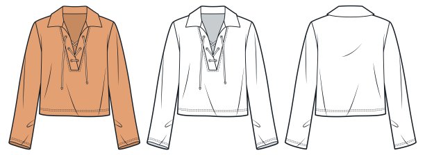 蕾丝系带衬衫技术服装插画。长袖翻领上衣时尚平面技术图纸模板，正面和背面视图，白色，橙色，女士，男士，男女皆宜 CAD 模型。图片下载