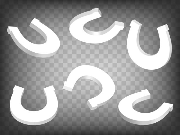 透明背景上的马蹄铁模型透视投影图标集。不同视角和角度的3D马蹄铁图标插画。适用于网站设计、应用程序、UI的图形元素的抽象概念。EPS 10图片下载