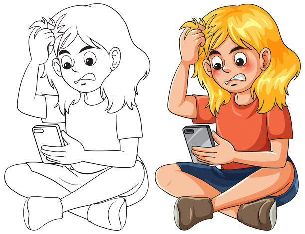 抓耳挠腮的年轻女孩看手机插画图片下载