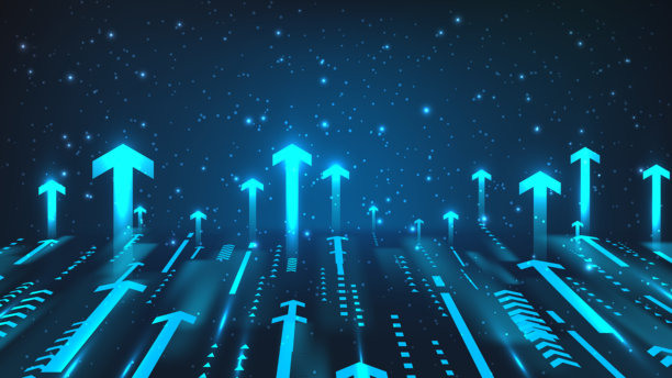 数字背景上向上发光的蓝色箭头，代表着未来黑暗空间中的商业增长和技术进步图片下载