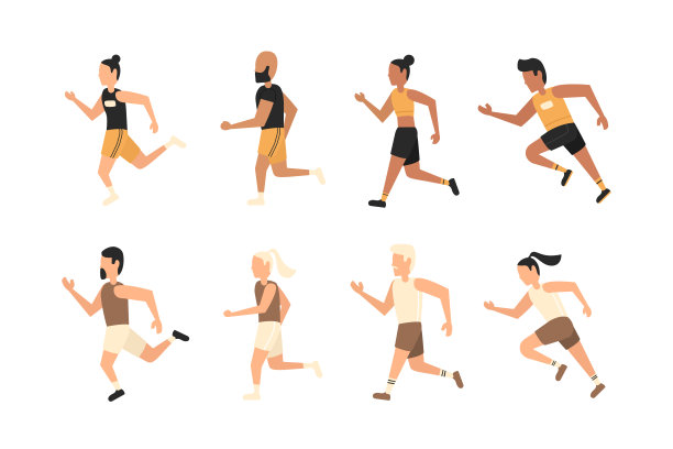 扁平化设计风格插画中，一群不同的人在奔跑图片下载