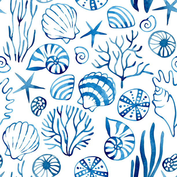 蓝色海藻和贝壳的无缝图案。水彩插画。图片下载