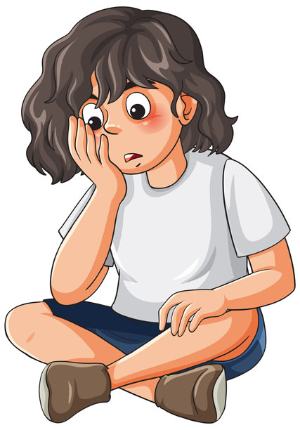 伤心的小女孩交叉着腿坐着，表情担忧的矢量插画图片下载