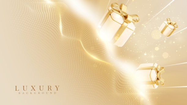 奢华金色高级背景，带有流畅的光粒子和礼品盒，矢量插画。图片下载