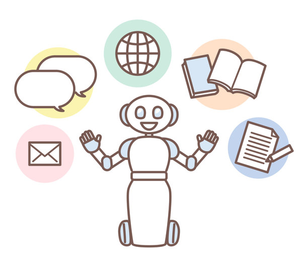 人工智能机器人与人协同工作的插画图片下载