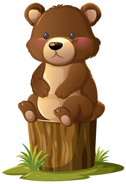 可爱的熊宝宝坐在树桩上的插画图片下载