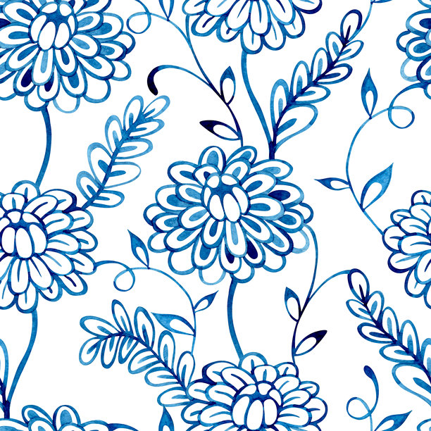 水彩插画。蓝色花卉装饰的无缝图案，采用民间风格。图片下载