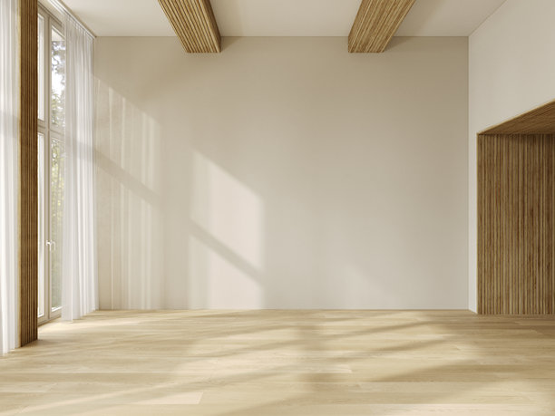 米色空旷的室内，带有高天花板、木地板和墙板。3D渲染插画模型图片下载